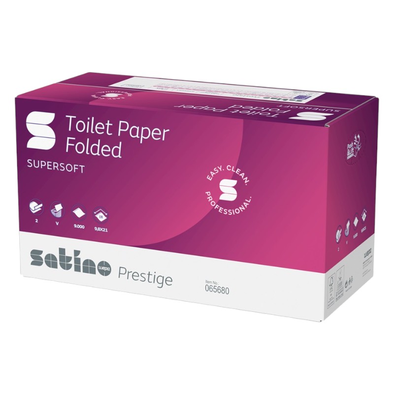 Satino Prestige - V-gevouwen toiletpapier (bulkverpakking) - 2-laags - glanzend wit cellulose - 9,8 x 21 cm - Pak van 9000 vellen (BT1)